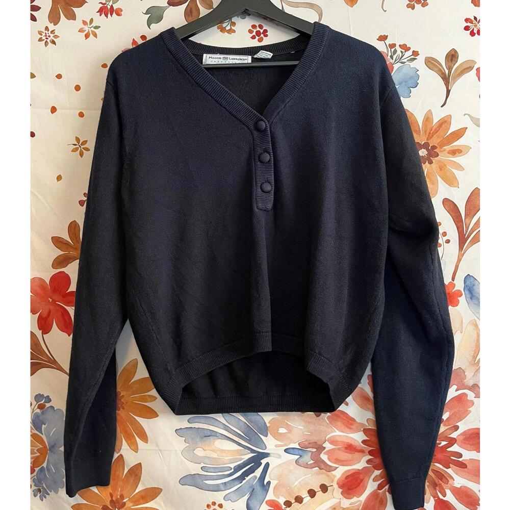 Vintage 80s 90s Maggie Lawrence M Pullover Black 1/2 Button VNeck Grandpacore